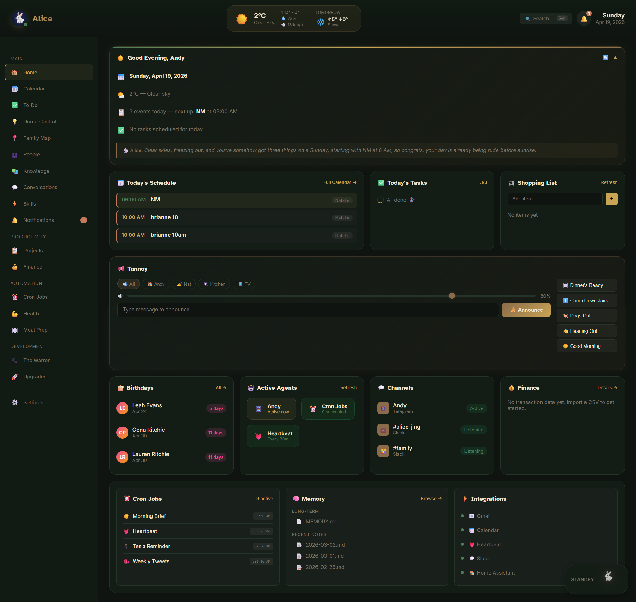 Alice HQ, the main dashboard. Calendar, tasks, shopping list, active agents, cron jobs, integrations, and memory, all in one view.